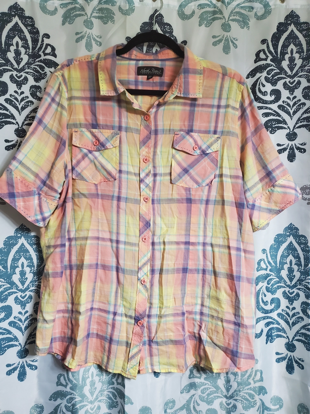 Women’s Pastel Plaid Button-Up Shirt - Yellow & Pink